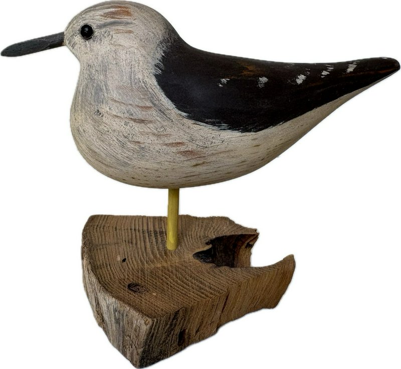 Hand Carved Wooden Shorebird Decoy On Driftwood Base Folk Art Coastal Bird 
