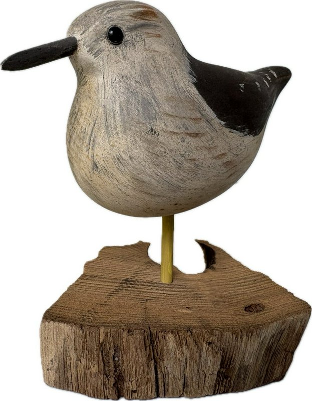 Hand Carved Wooden Shorebird Decoy On Driftwood Base Folk Art Coastal Bird 
