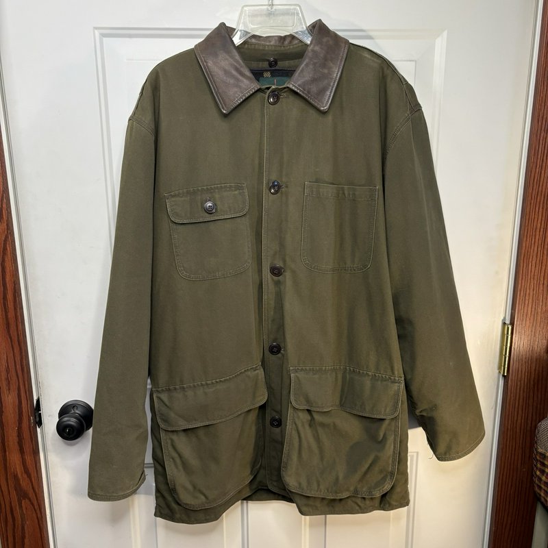 J.Crew Barn Coat Jacket Men’s Small Olive Green Plaid Wool Liner Leather Collar