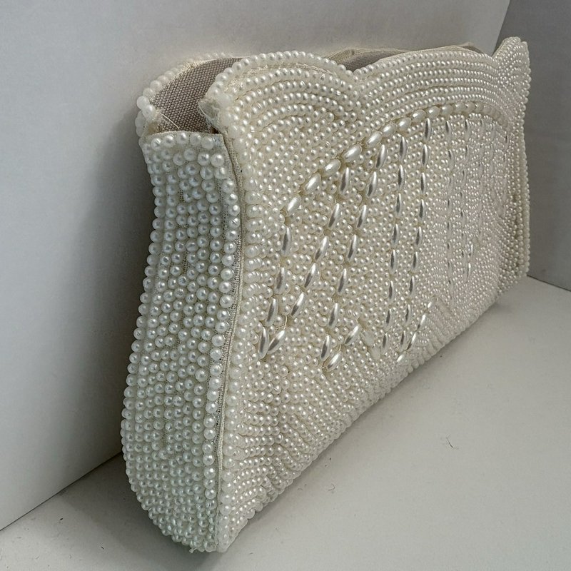 Vintage Bridal Beaded Clutch Ivory Made in Japan Arrow Zipper Evening Bag