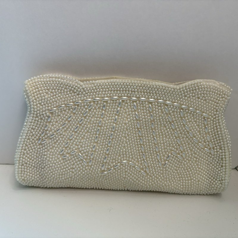 Vintage Bridal Beaded Clutch Ivory Made in Japan Arrow Zipper Evening Bag