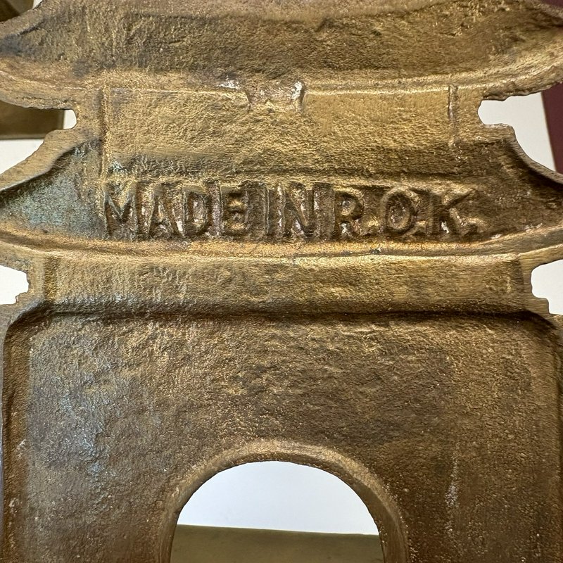 Vintage Brass Korean Gate Bookends Pagoda Style Stamped R.O.K. Mid Century Pair 