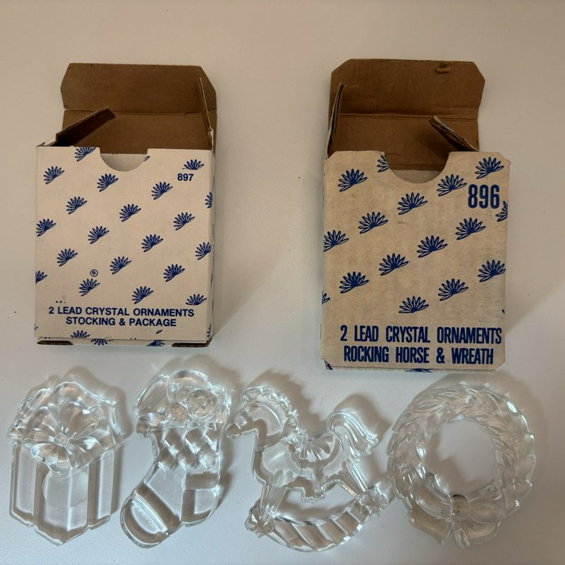 Princess House Lead Crystal Christmas Ornaments 1986 Set of 4 w Boxes Inserts 