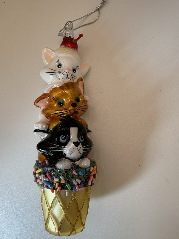Kurt Adler KSA Noble Gems Glass Ornament Stacked Cats in Ice Cream Cone 6” 