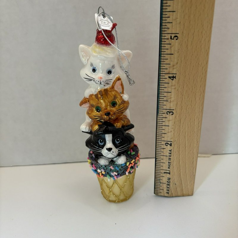 Kurt Adler KSA Noble Gems Glass Ornament Stacked Cats in Ice Cream Cone 6” 