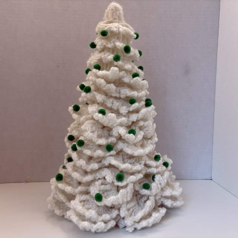Handmade Vintage Crochet Christmas Tree White Yarn w/ Green Pom Ornaments 13”