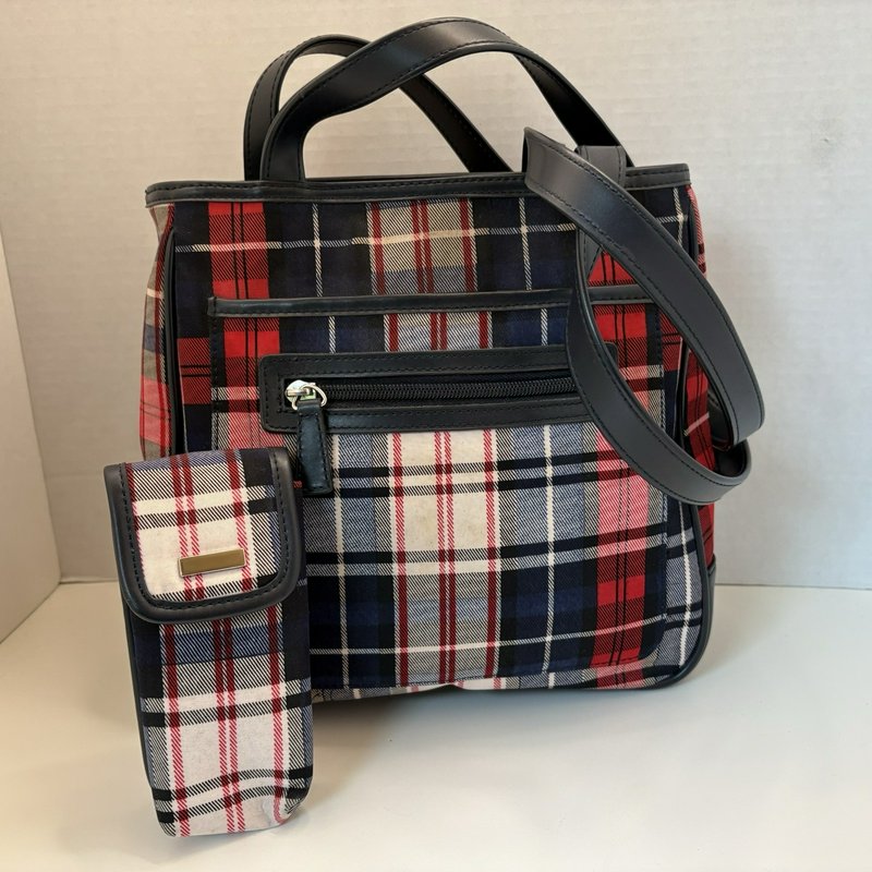 St. John’s Bay Plaid Shoulder Bag Tote w/ Matching Pouch Navy Red White