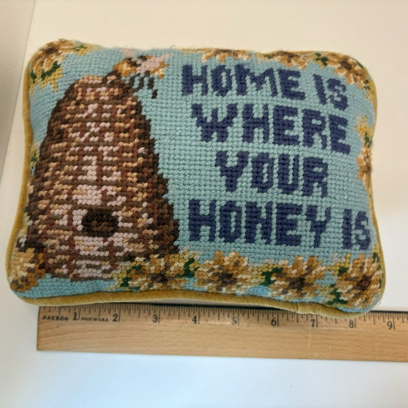 Vintage Needlepoint Pillow Beehive Sampler “Home Is Where Your Honey Is” 6x8 In