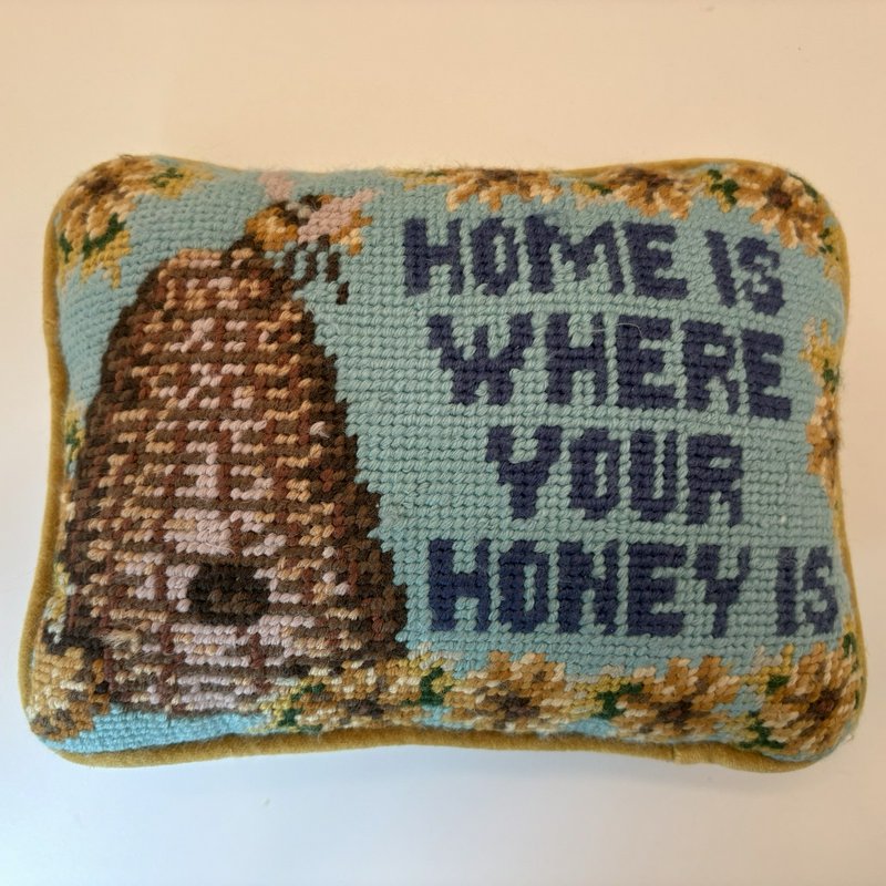 Vintage Needlepoint Pillow Beehive Sampler “Home Is Where Your Honey Is” 6x8 In