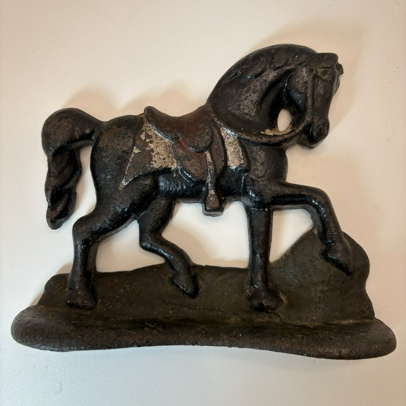 Vintage Cast Iron Horse Doorstop 6” Painted Saddle Figurine