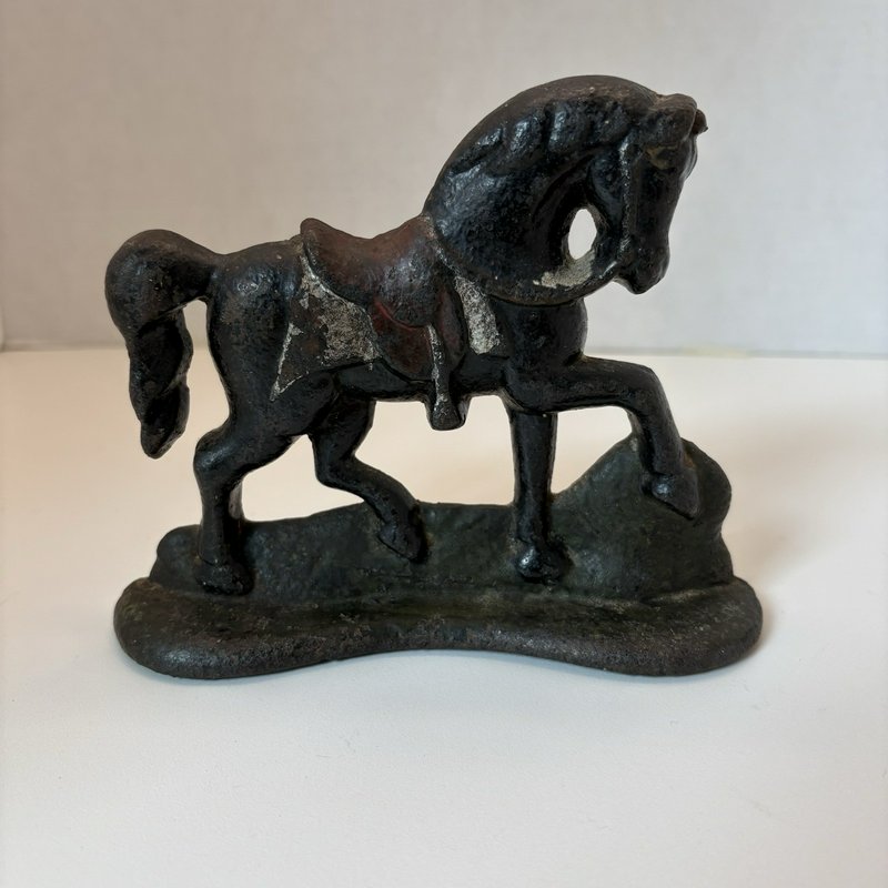 Vintage Cast Iron Horse Doorstop 6” Painted Saddle Figurine