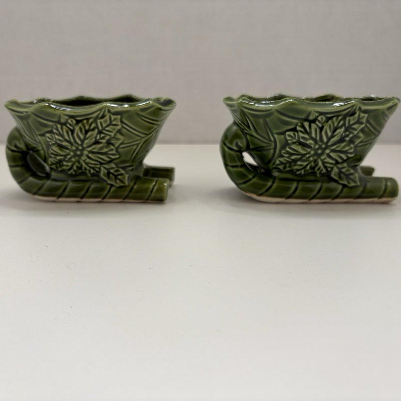 Retro Vintage Brinn’s Japan Green Sleigh Taper Candle Holders Set of 2