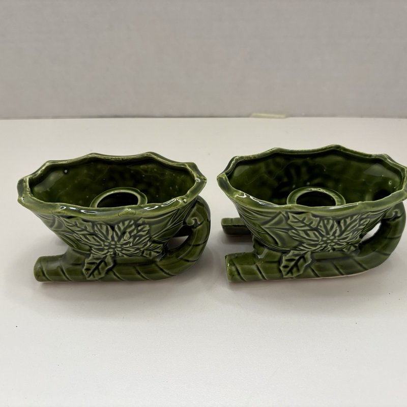 Retro Vintage Brinn’s Japan Green Sleigh Taper Candle Holders Set of 2