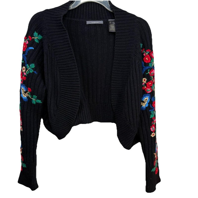 Liz Claiborne Black Cropped Cardigan Sweater Floral Embroidered Wool Angora XL