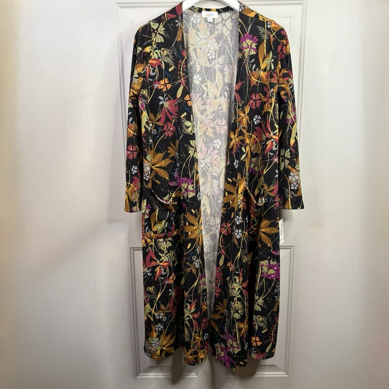 LuLaRoe Sarah Kimono Duster Cardigan Women’s L Black Floral Print Open Front