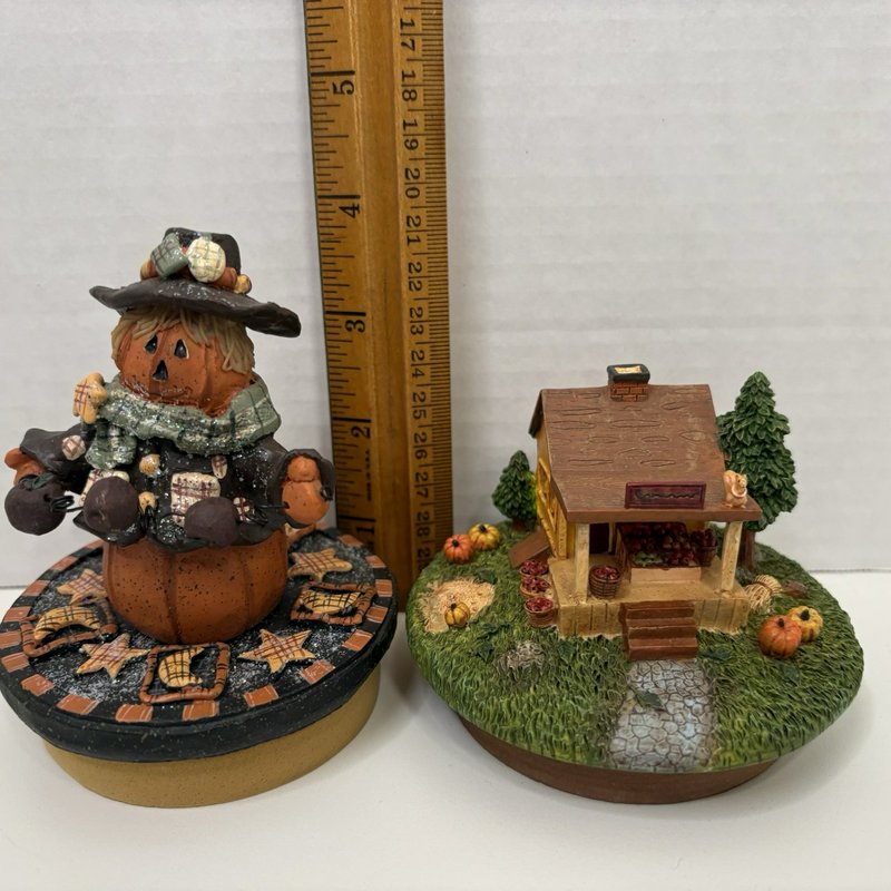 Lot of 2 Candle Toppers – Pumpkin Scarecrow (Crazy Mountain) & Fall Farmhouse