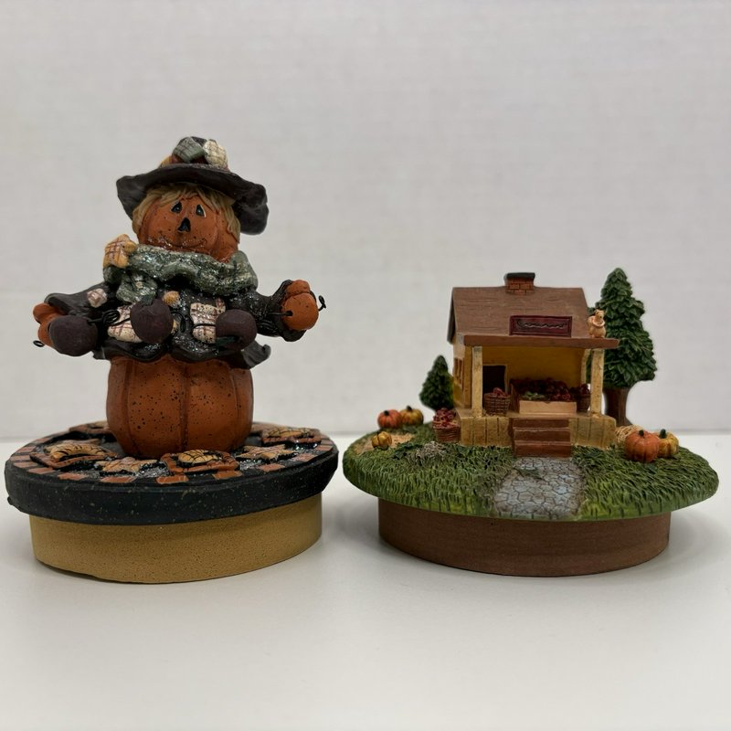 Lot of 2 Candle Toppers – Pumpkin Scarecrow (Crazy Mountain) & Fall Farmhouse
