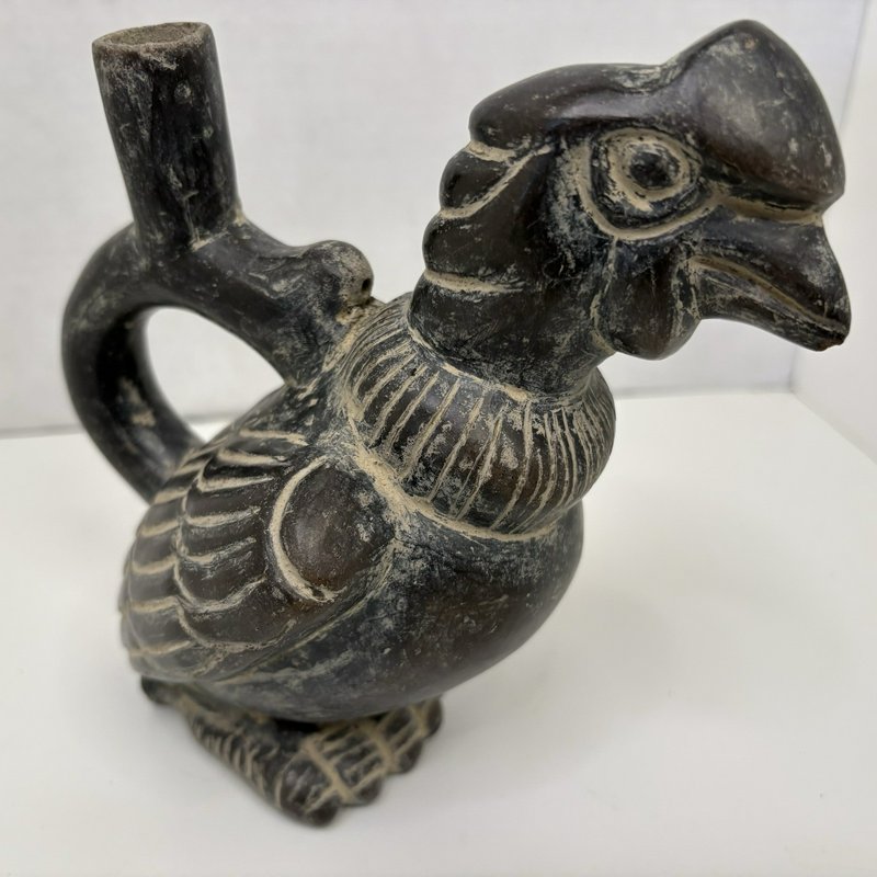 Replica Peruvian Chimú Blackware Bird Whistling Vessel Folk Art Pottery