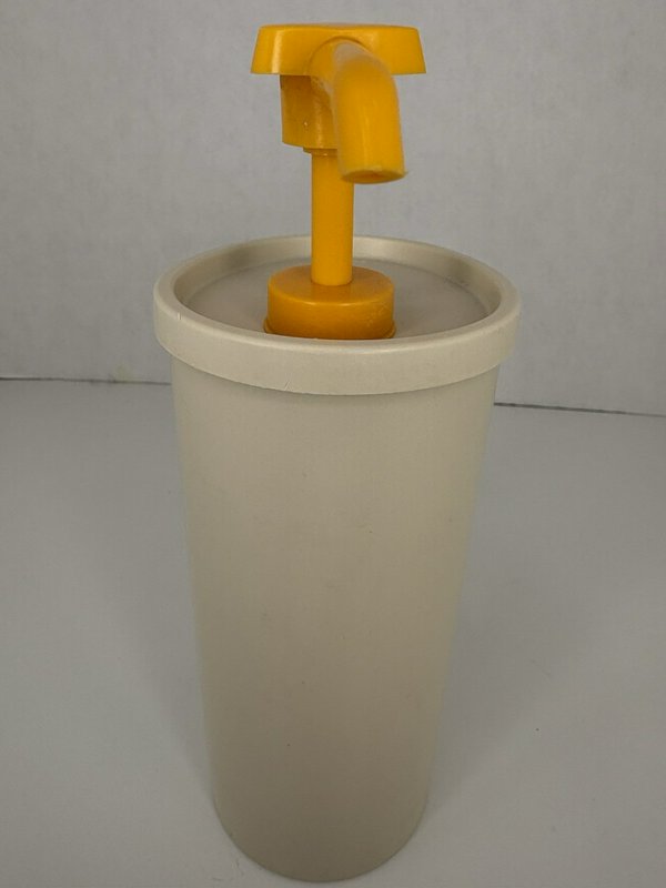 Vintage Tupperware Beige Oval Dispenser w/ Yellow Pump 640-7 1553-8 USA