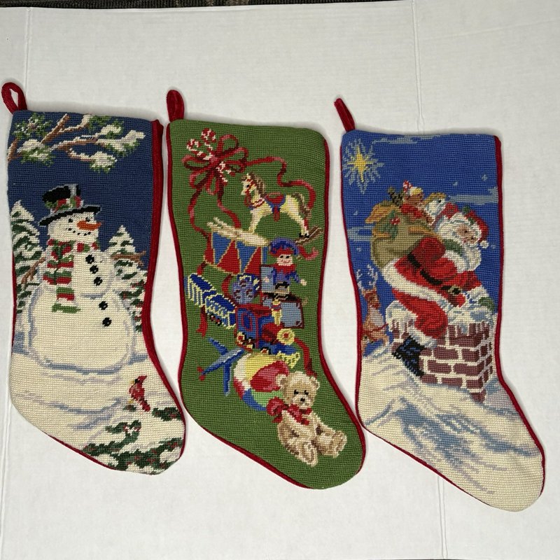 Set 3 Needlepoint Christmas Stockings Santa Snowman Toys Velvet Satin 18–20”