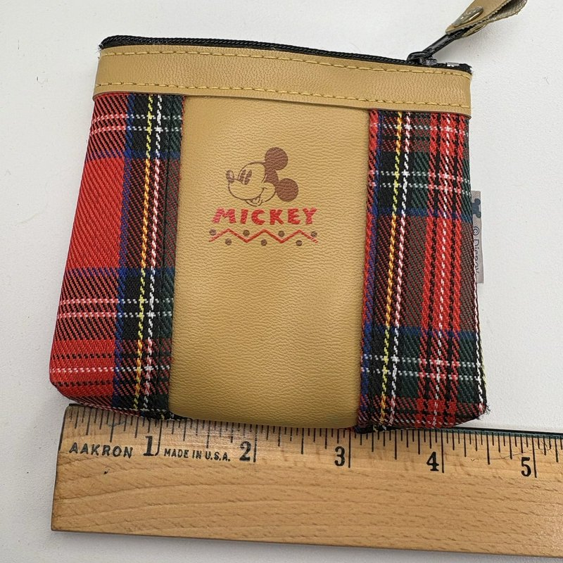 Vintage Disney Mickey Mouse Plaid Coin Purse Wallet Zip Pouch Tartan 4.5”