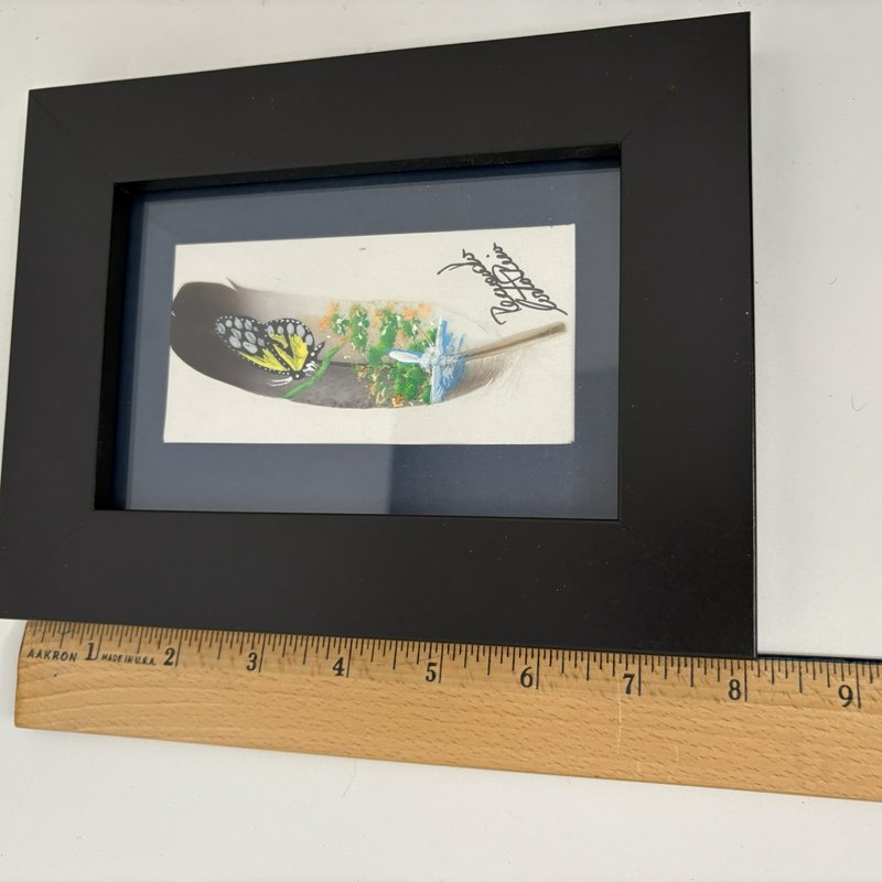 Hand Painted Feather Art Pair Costa Rica Hummingbird & Butterfly Signed Framed
