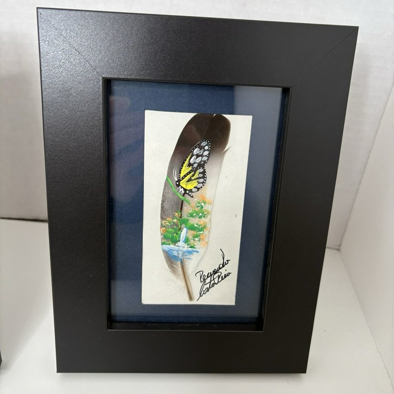 Hand Painted Feather Art Pair Costa Rica Hummingbird & Butterfly Signed Framed
