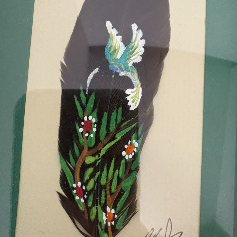 Hand Painted Feather Art Pair Costa Rica Hummingbird & Butterfly Signed Framed