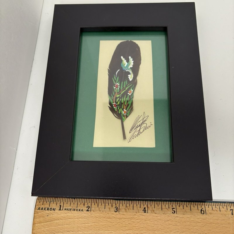 Hand Painted Feather Art Pair Costa Rica Hummingbird & Butterfly Signed Framed