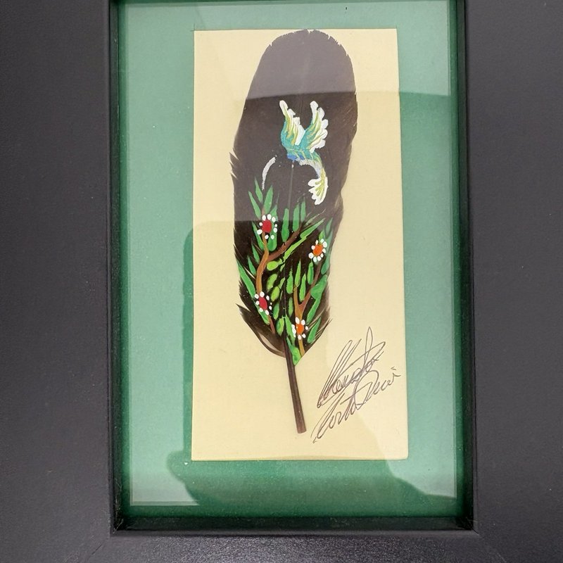 Hand Painted Feather Art Pair Costa Rica Hummingbird & Butterfly Signed Framed