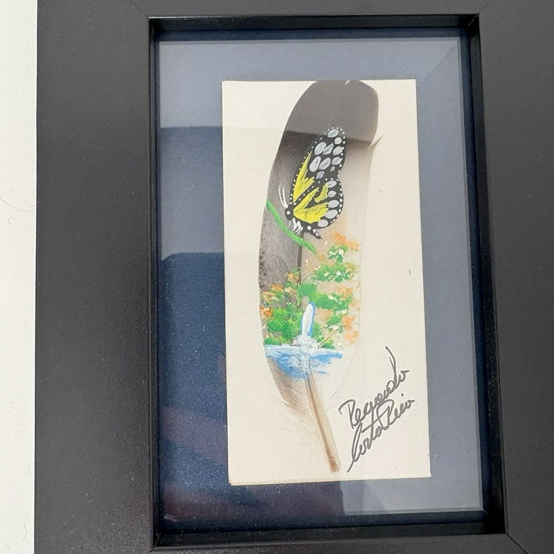 Hand Painted Feather Art Pair Costa Rica Hummingbird & Butterfly Signed Framed