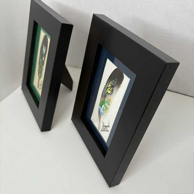 Hand Painted Feather Art Pair Costa Rica Hummingbird & Butterfly Signed Framed