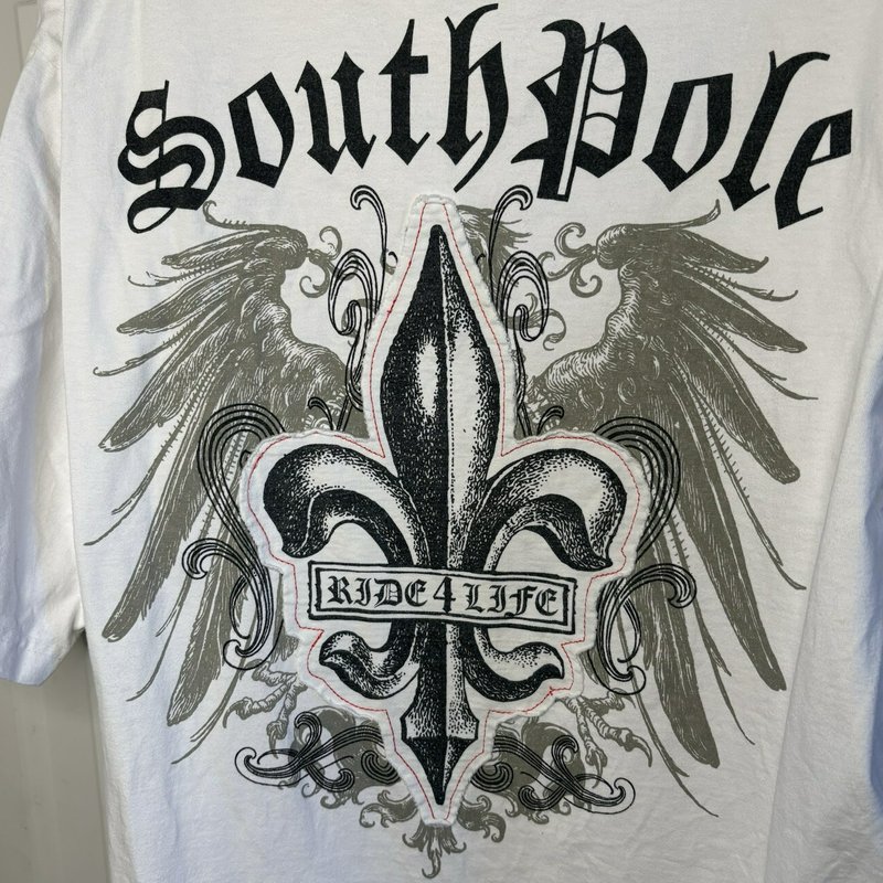 Vintage Southpole Ride 4 Life Graphic T-Shirt White XL Gothic Fleur-de-Lis Wings