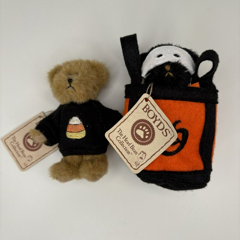 Boyds Head Bean Collection Halloween Cat & Bear Plush Set Candy Corn & Pumpkin