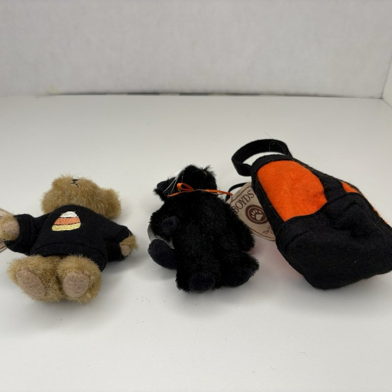 Boyds Head Bean Collection Halloween Cat & Bear Plush Set Candy Corn & Pumpkin