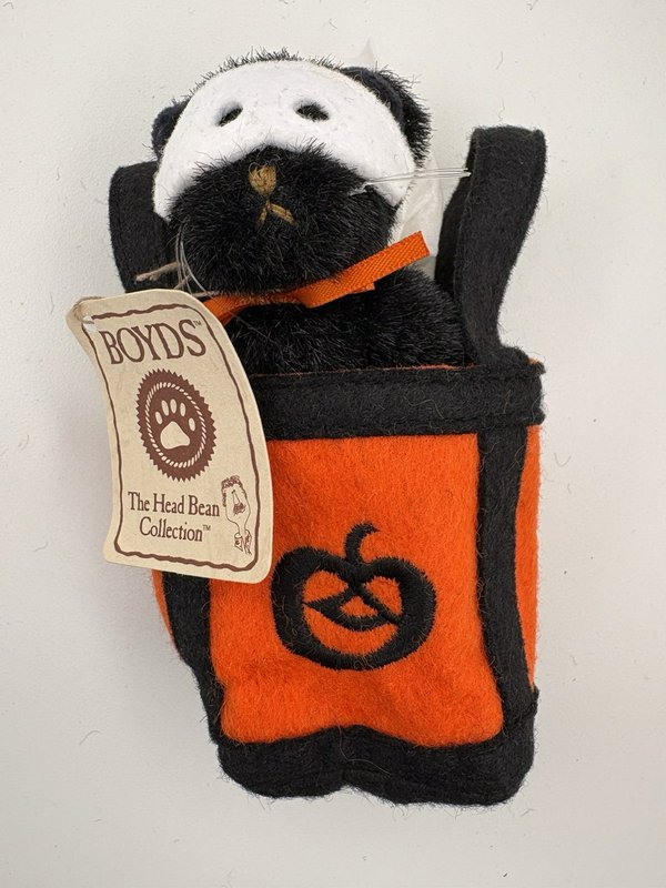 Boyds Head Bean Collection Halloween Cat & Bear Plush Set Candy Corn & Pumpkin