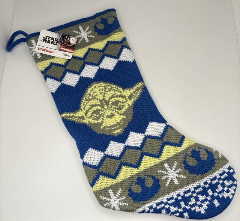 Star Wars Yoda Knit Christmas Stocking Disney NWT Blue Green Diamond Pattern 18"