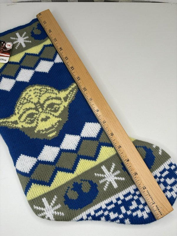 Star Wars Yoda Knit Christmas Stocking Disney NWT Blue Green Diamond Pattern 18"