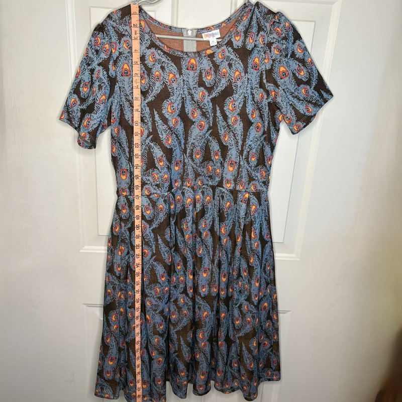 LuLaRoe Amelia Dress XL Peacock Feather Print Brown Blue Fit Flare Pockets