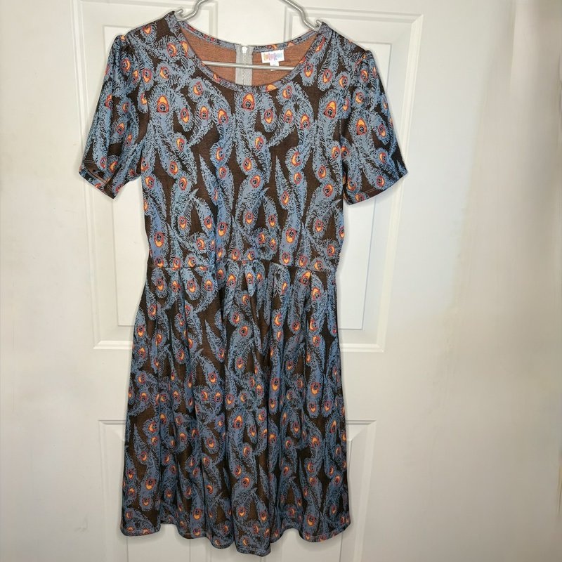 LuLaRoe Amelia Dress XL Peacock Feather Print Brown Blue Fit Flare Pockets