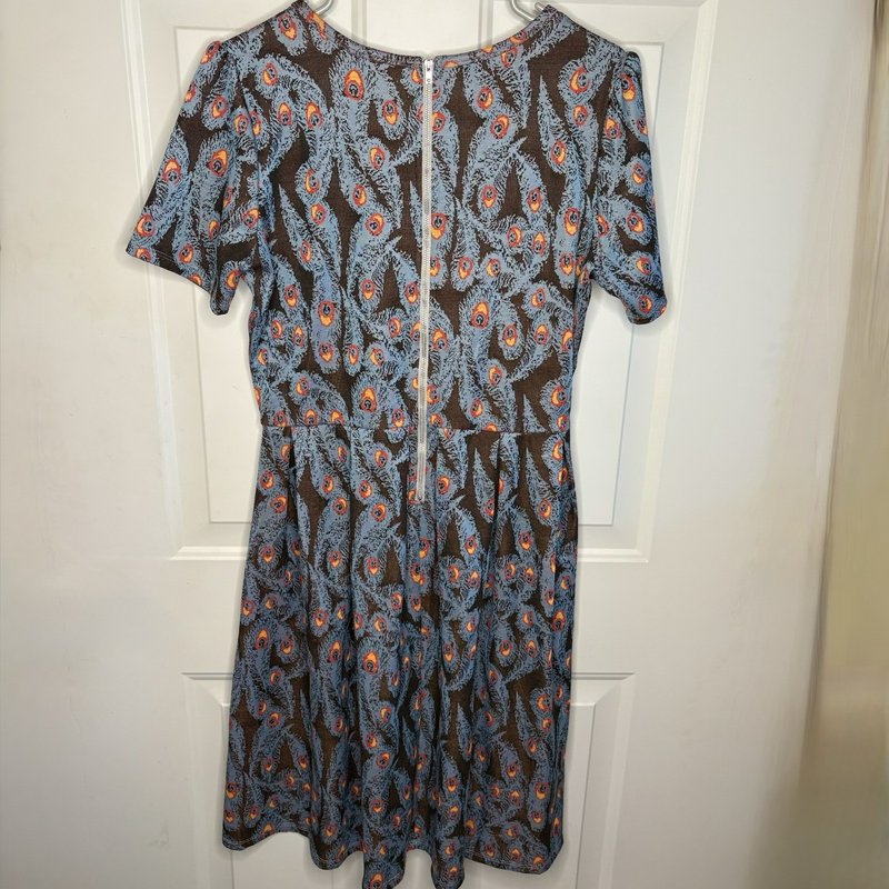 LuLaRoe Amelia Dress XL Peacock Feather Print Brown Blue Fit Flare Pockets