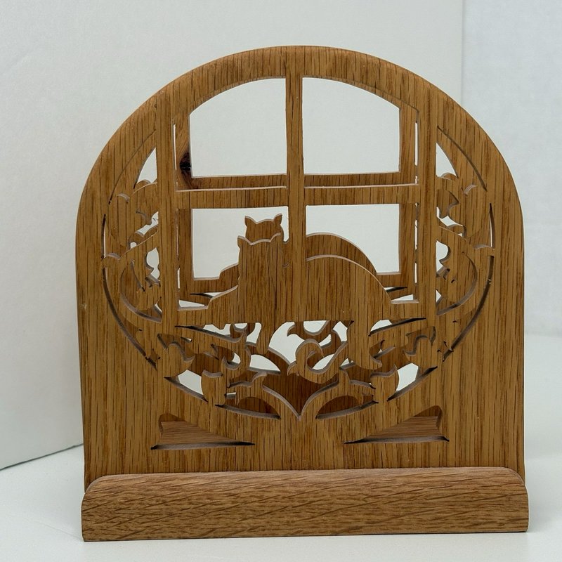 Handmade Oak Cat in Window Scroll Saw Napkin Holder Lowell’s Scrolls Idaho