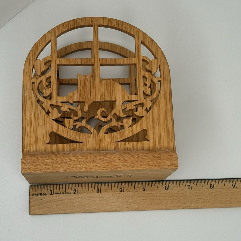 Handmade Oak Cat in Window Scroll Saw Napkin Holder Lowell’s Scrolls Idaho