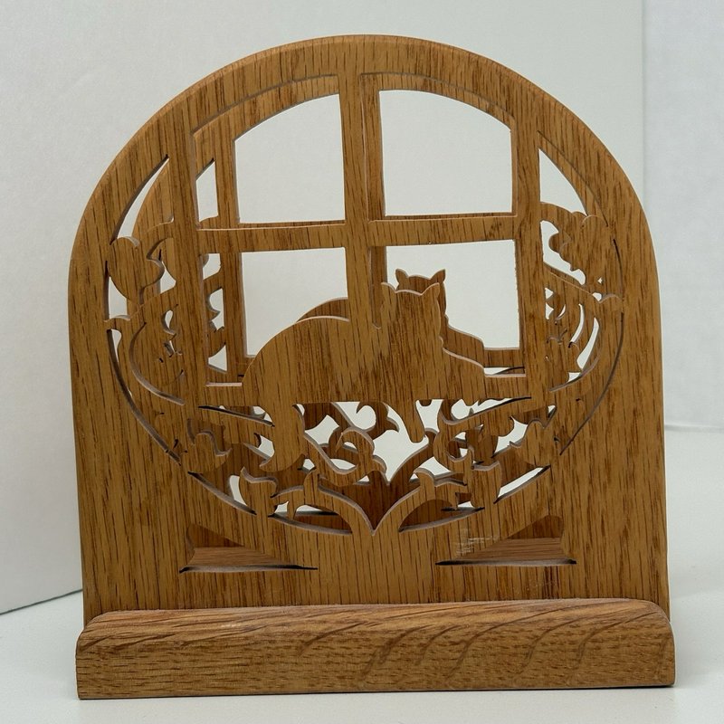 Handmade Oak Cat in Window Scroll Saw Napkin Holder Lowell’s Scrolls Idaho
