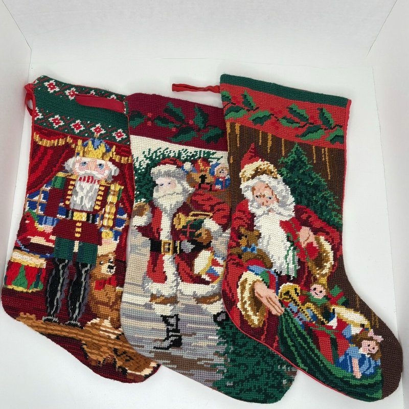 Set of 3 Stitched Needlepoint Christmas Stockings Santa & Nutcracker