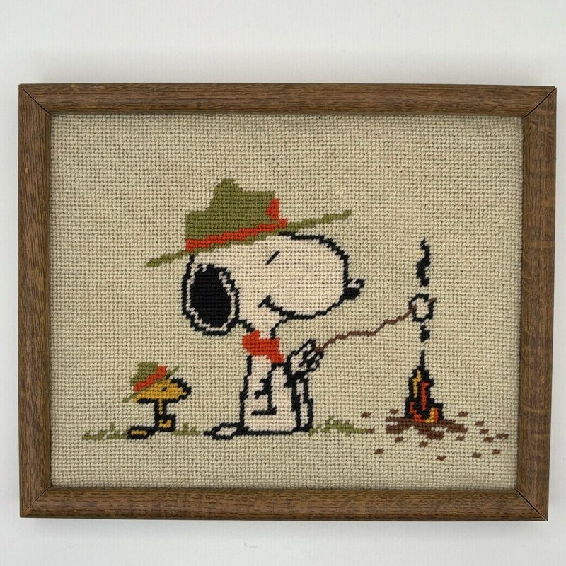 Vintage Snoopy & Woodstock Needlepoint Wall Art Campfire Scene Framed Peanuts