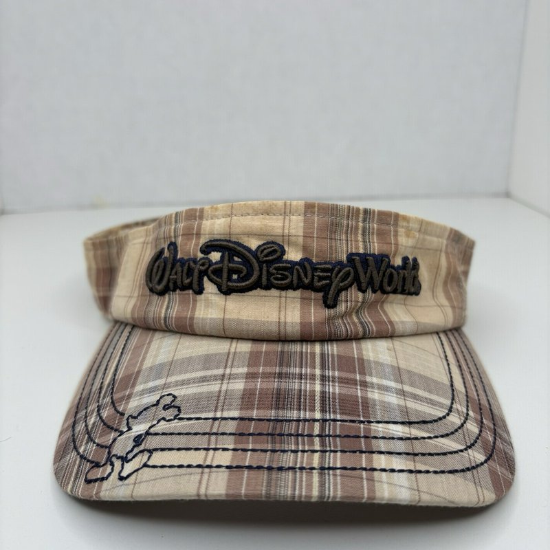Walt Disney World Plaid Visor Hat Brown Tan Embroidered Mickey Golf Cap Disney