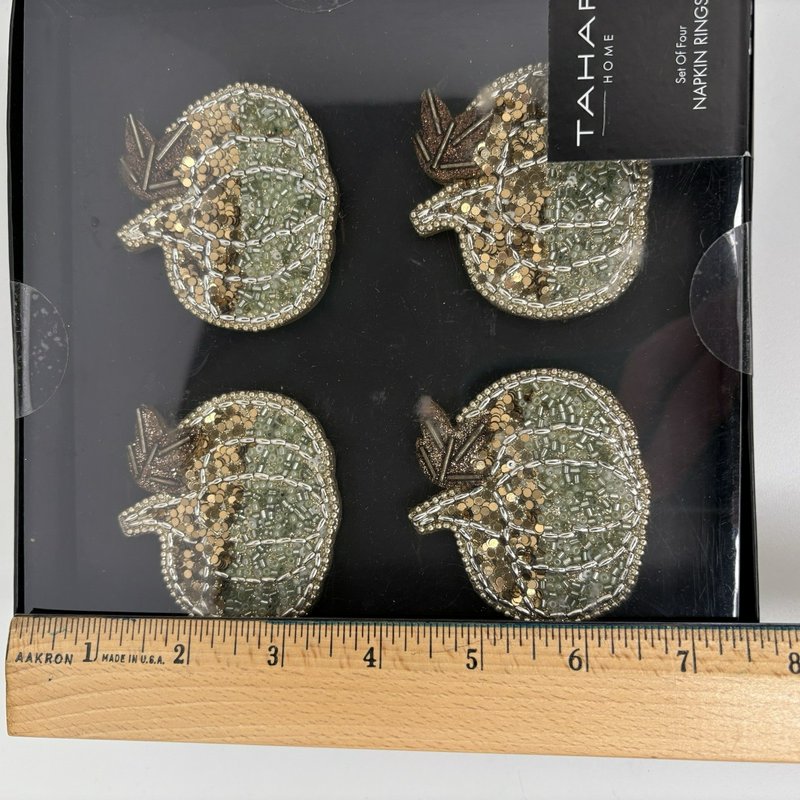 Tahari Home Beaded Pumpkin Napkin Rings Set of 4 New in Box Fall Table Decor
