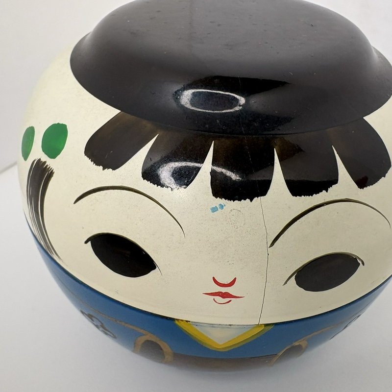 Vintage OMC Japan Kokeshi Doll Lacquerware Bowl Blue 3” Lidded Candy Dish