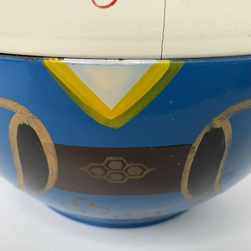 Vintage OMC Japan Kokeshi Doll Lacquerware Bowl Blue 3” Lidded Candy Dish